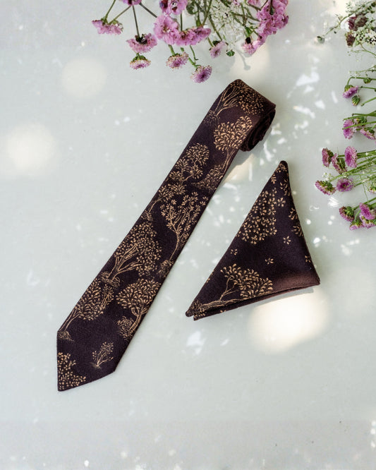 Brown Hand-Painted Pure Pashmina Tie & Pocket Square Set