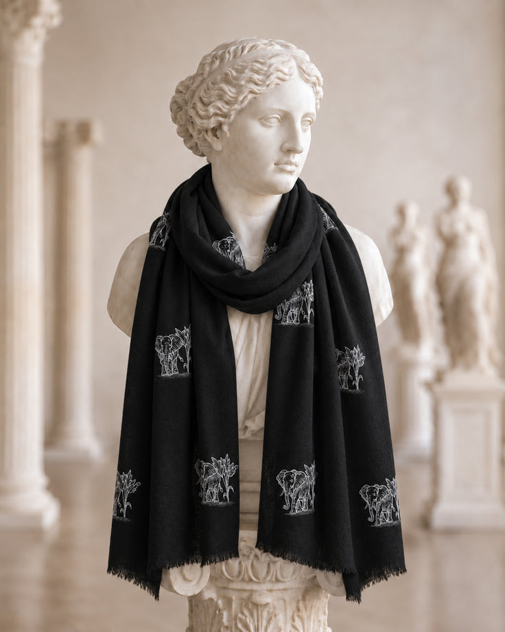 Black Pure Pashmina Elephant Handpainted Scarf