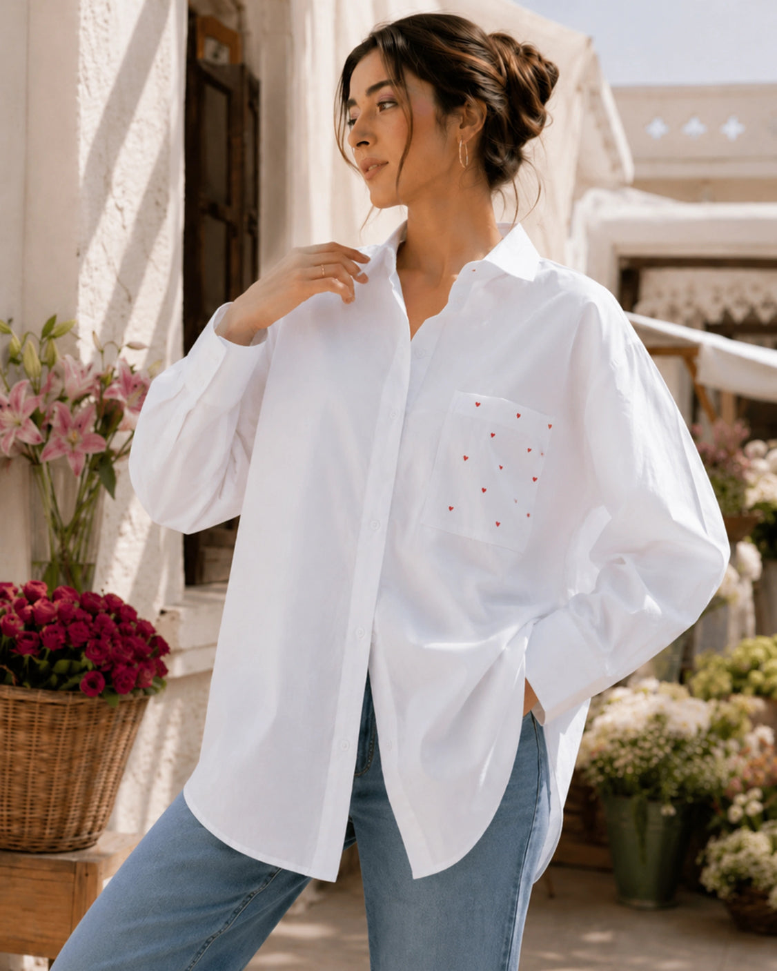 Cloud White Heart Pocket Handpainted Oversized Shirt