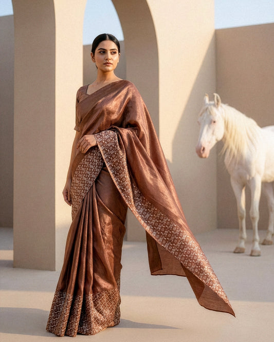 Cinnamon Real Silver Saree in Tissue Silk