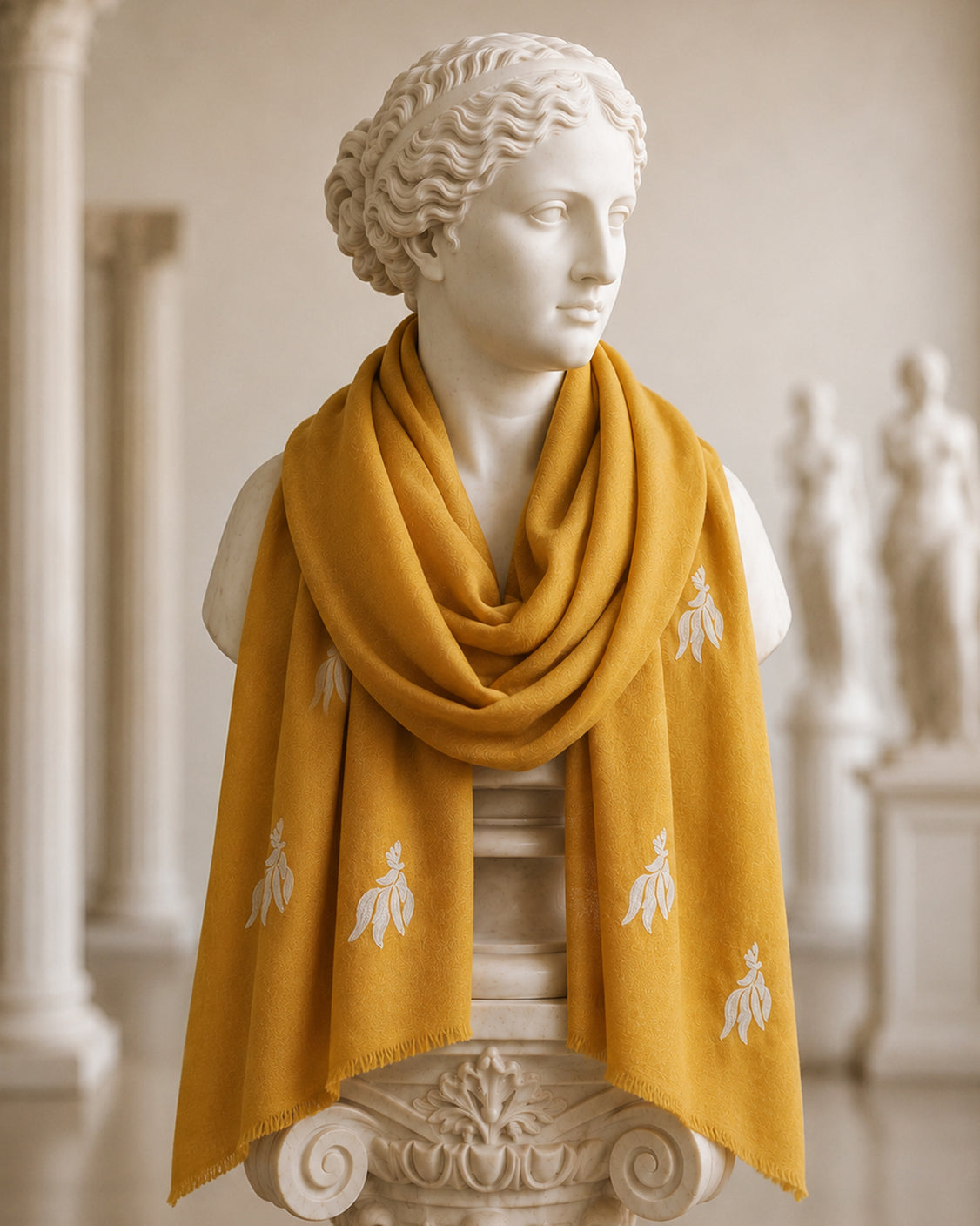 Deer Embroidered White Thread in Rusty Brown Colour Fine Wool Scarf
