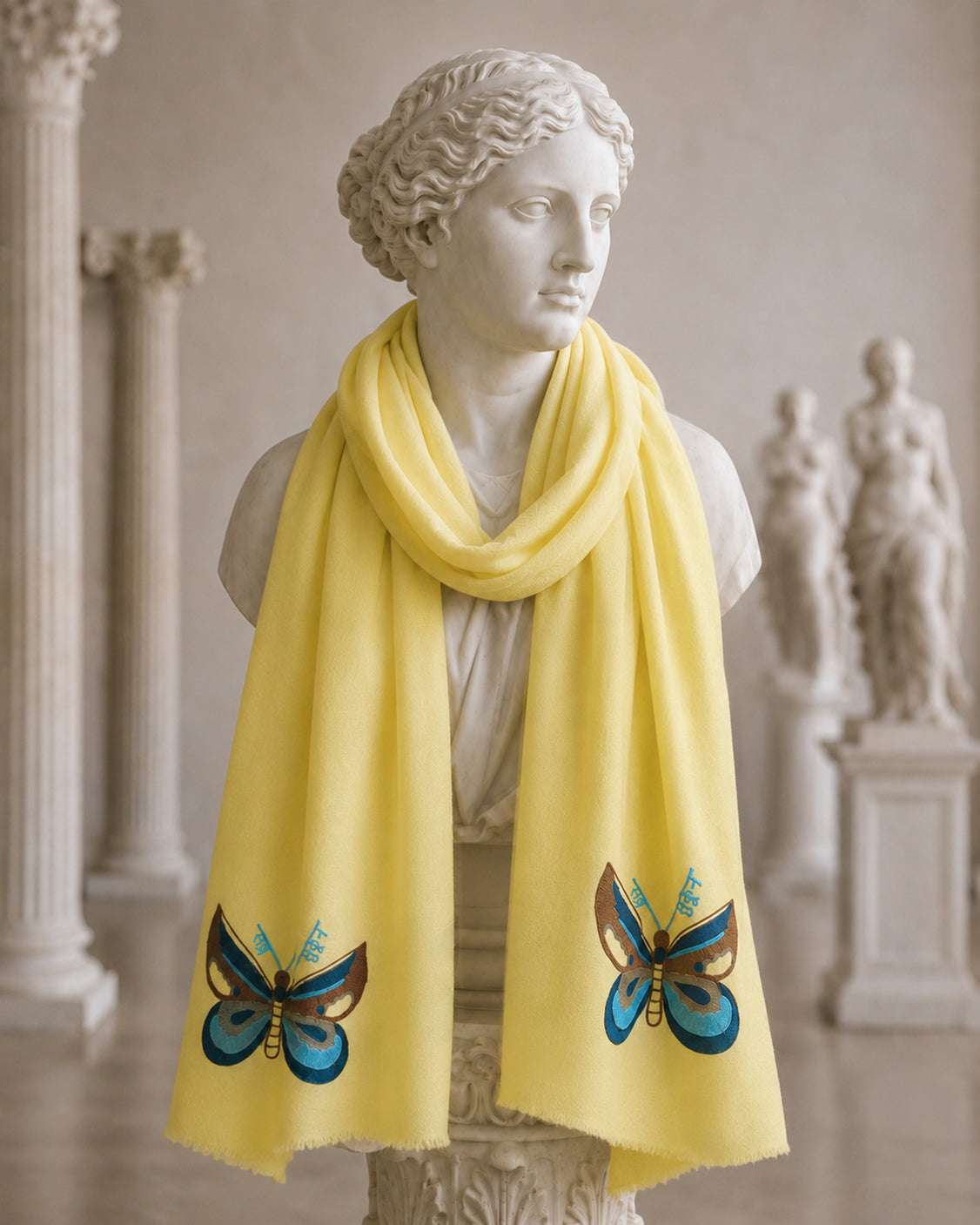 Lemon Fine Wool Embroidered Scarf - Sabar, Sukoon, Butterflies