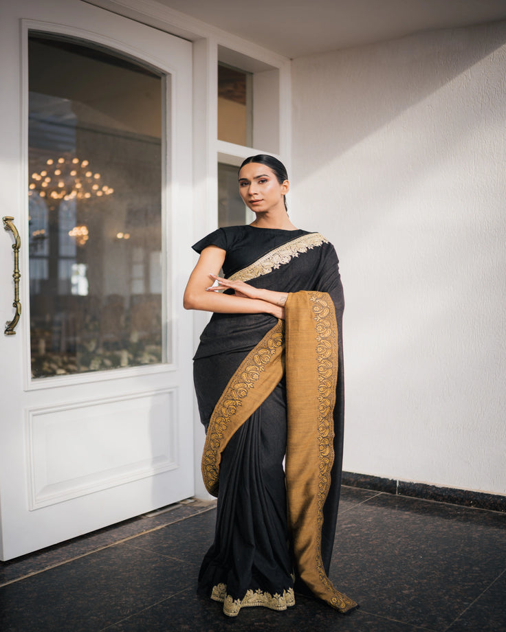 Ochre Black Reversible Embroidery & Handpainted Pashmina Saree