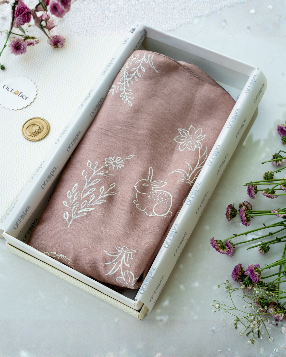 Dusty Rose Hand-Painted Chanderi Silk Scarf & Pure Pashmina Tie & Pocket Square Gift Set