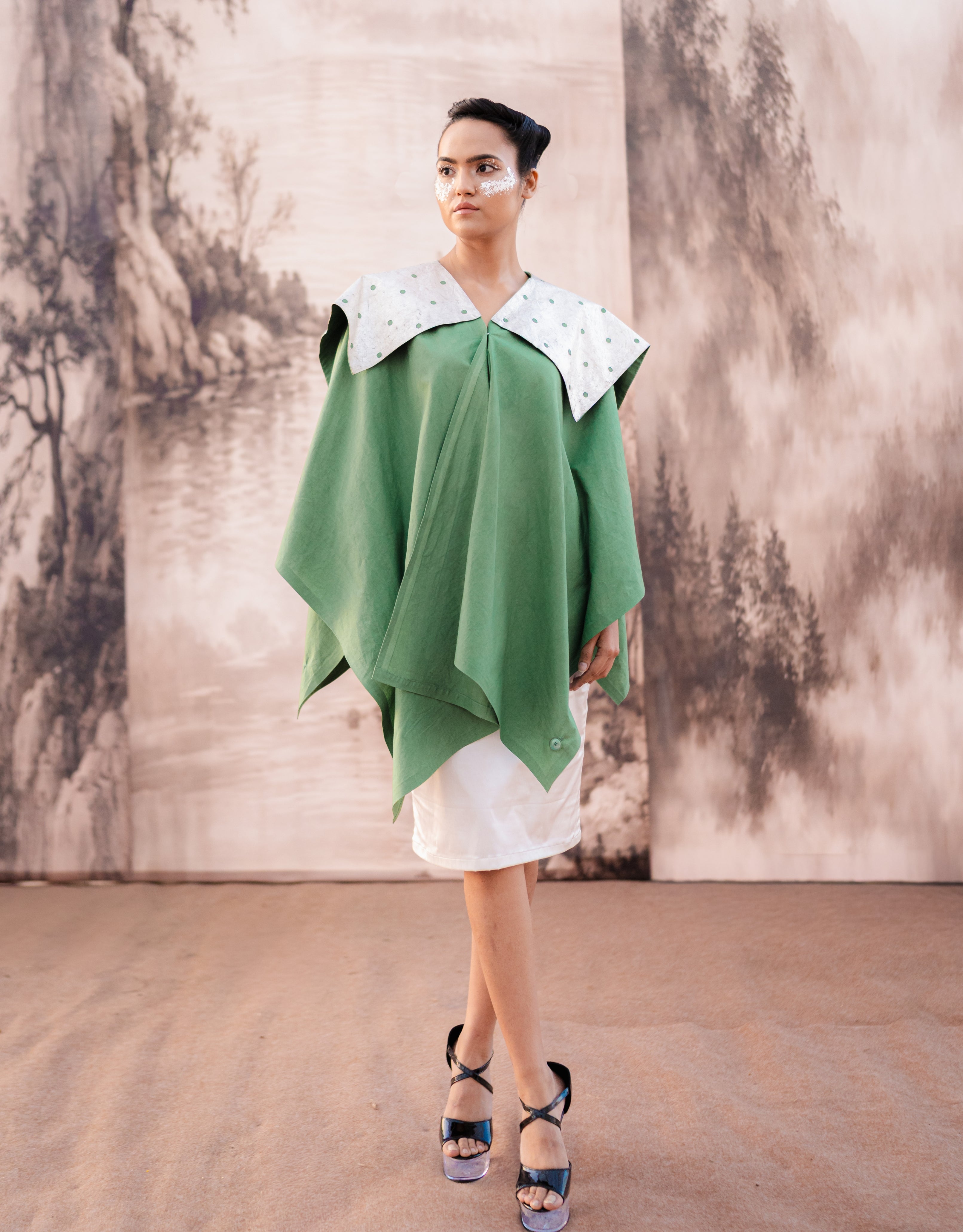 Fern Silver Printed Asymmetrical Cape