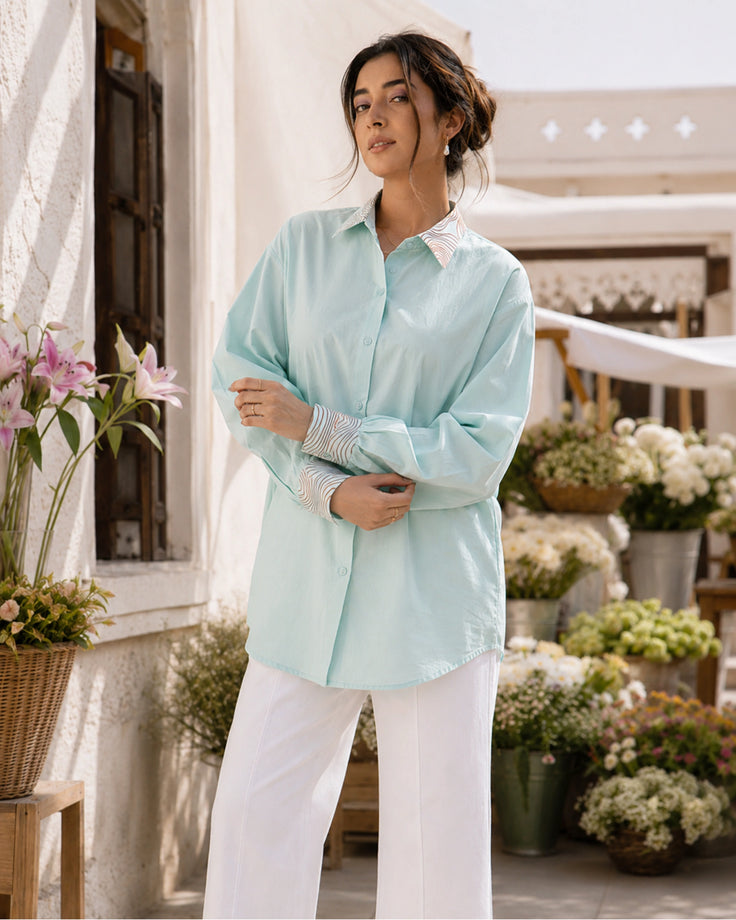 Mint Drift Handpainted Oversized Cotton Shirt