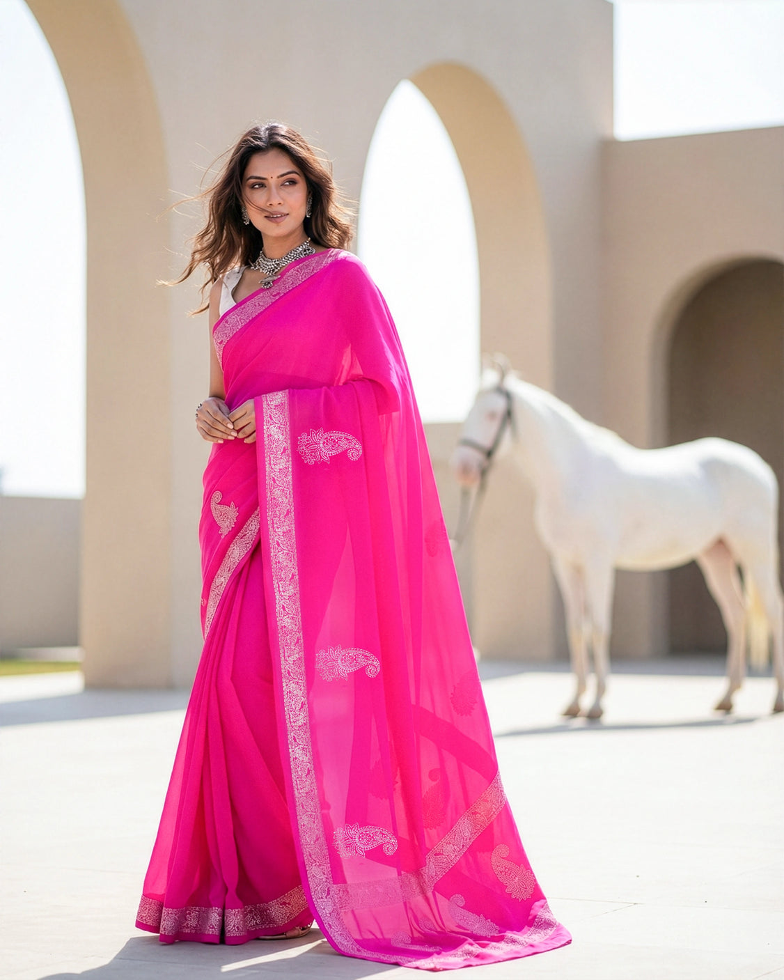 Rose Real Silver in Organic Crepe Saree