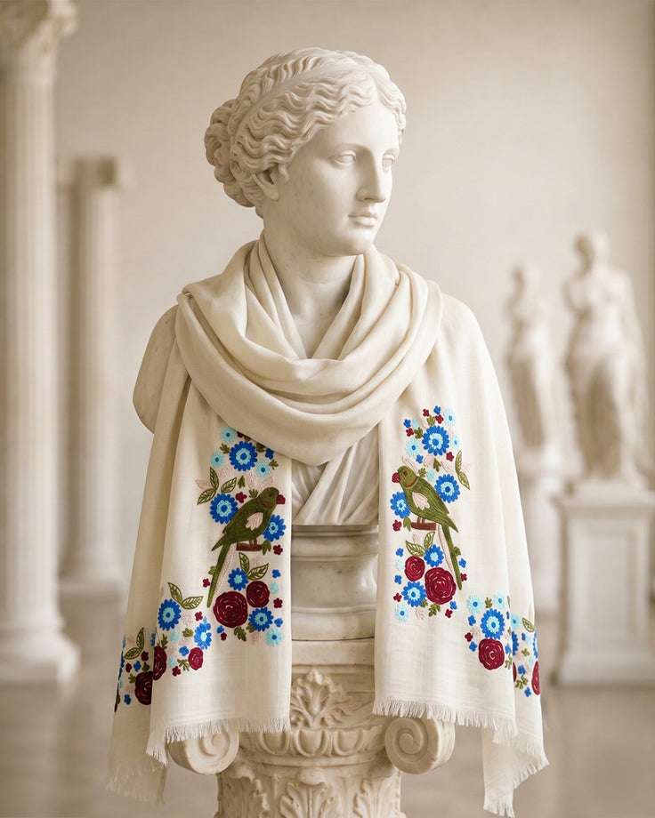 Off White Pure Pashmina Embroidered Scarf - Panchtantra Parrots