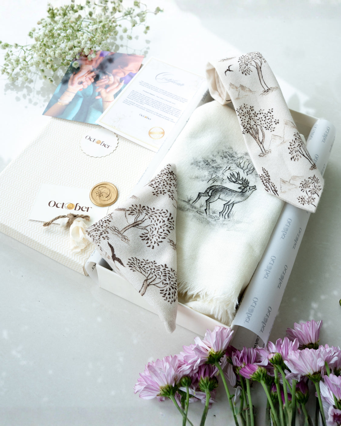 Off White Pure Pashmina Hand-Painted Scarf - Reining Rein Deer & Ivory Hand-Painted Pure Pashmina Tie & Pocket Square Set