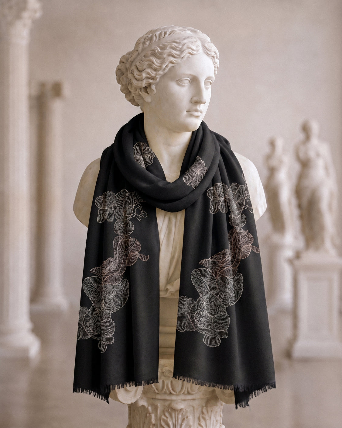 Puff Tilla Black Embroidered Fine Wool Scarf