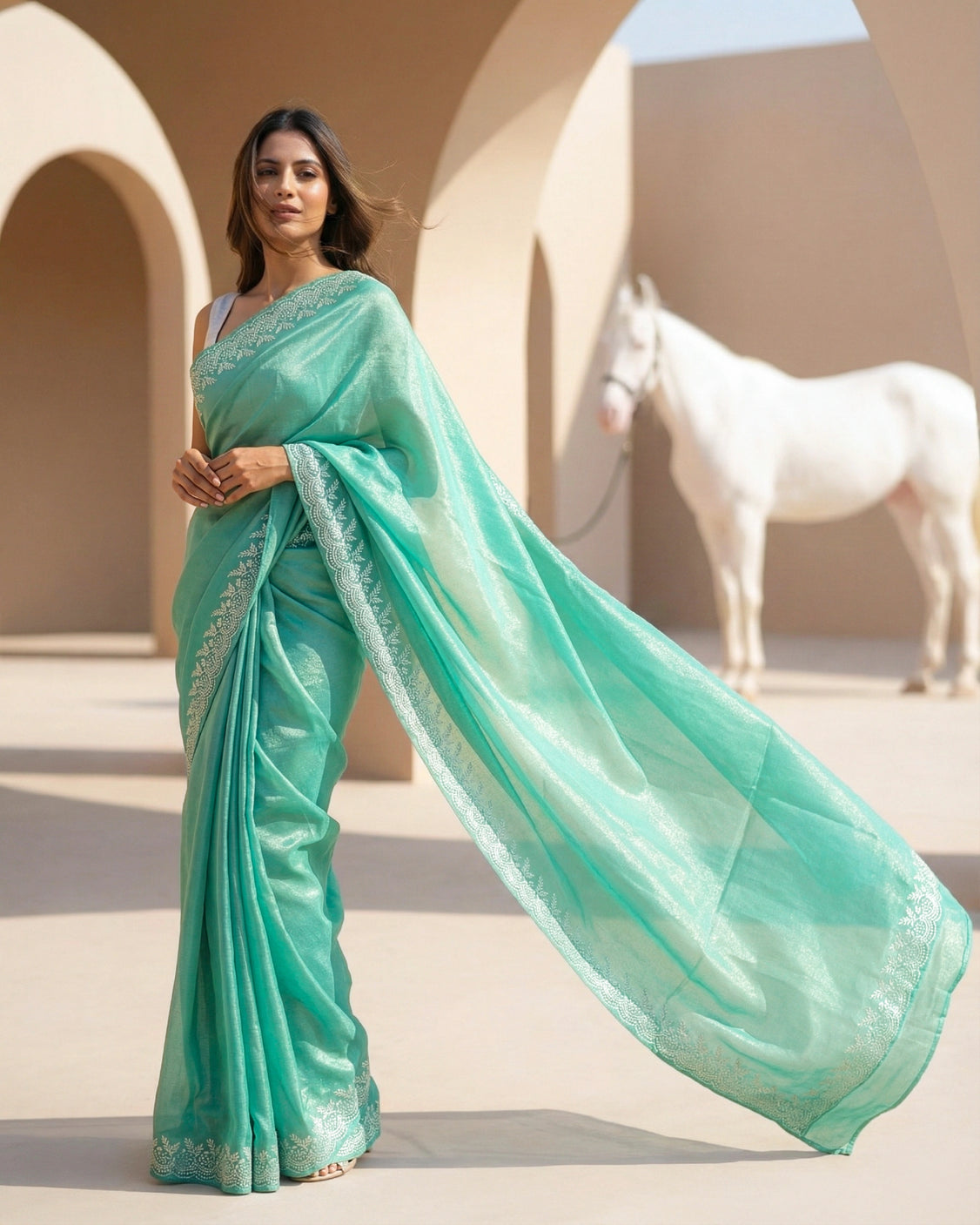 Soft Aqua Real Silver Saree in Tissue Silk