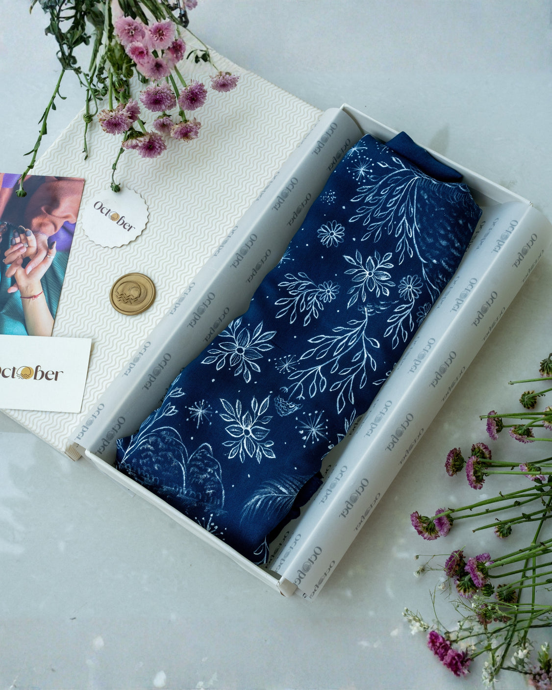 Blue Hand-Painted Chanderi Silk Scarf & Pure Pashmina Tie & Pocket Square Gift Set