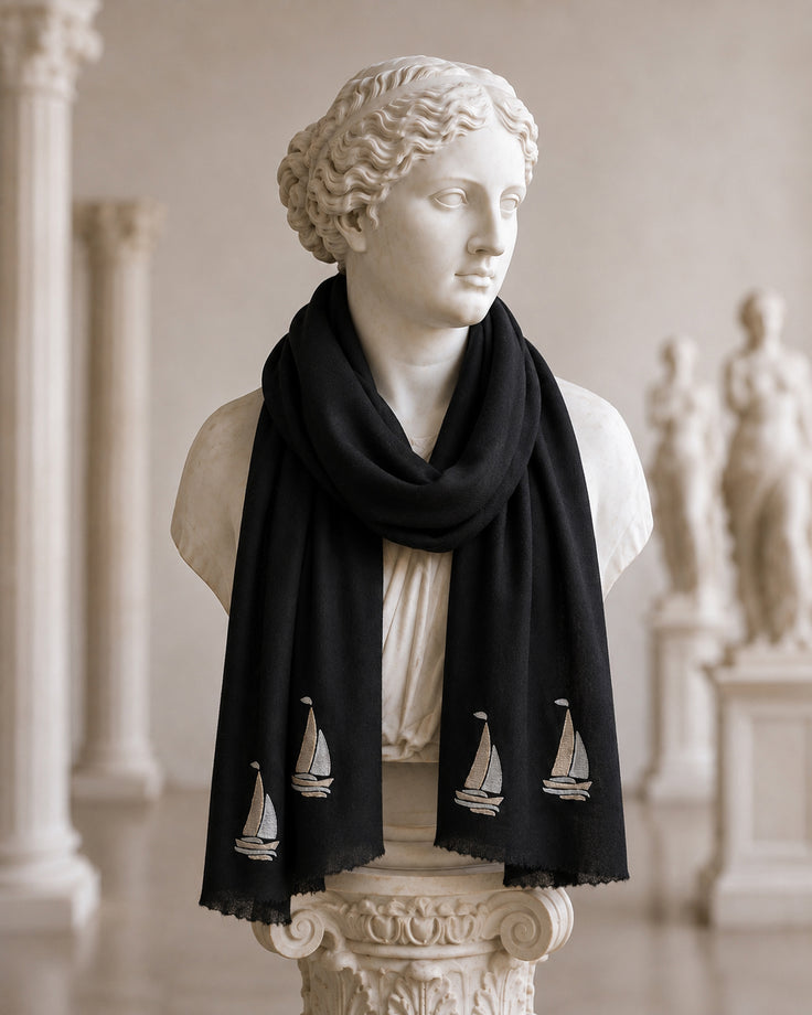 Yatch Party Fine Wool Black Embroidered Scarf