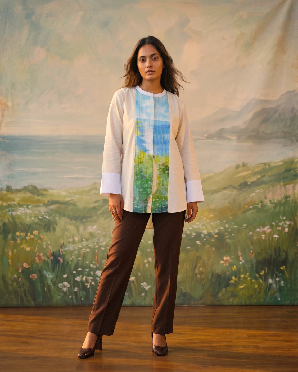 Beige Scenic Handpainted Pin tucks Cotton Shirt