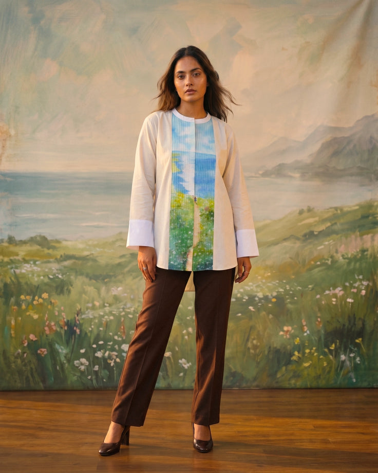 Beige Scenic Handpainted Pin tucks Cotton Shirt