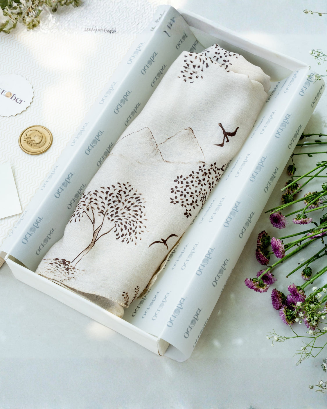 Ivory Hand-Painted Chanderi Silk Scarf & Pure Pashmina Tie & Pocket Square Gift Set