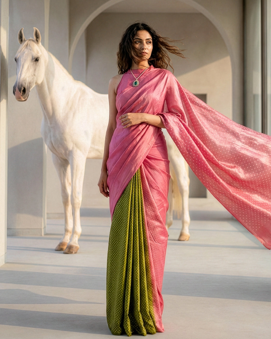 Blush Polka Dot Real Silver Silk Saree