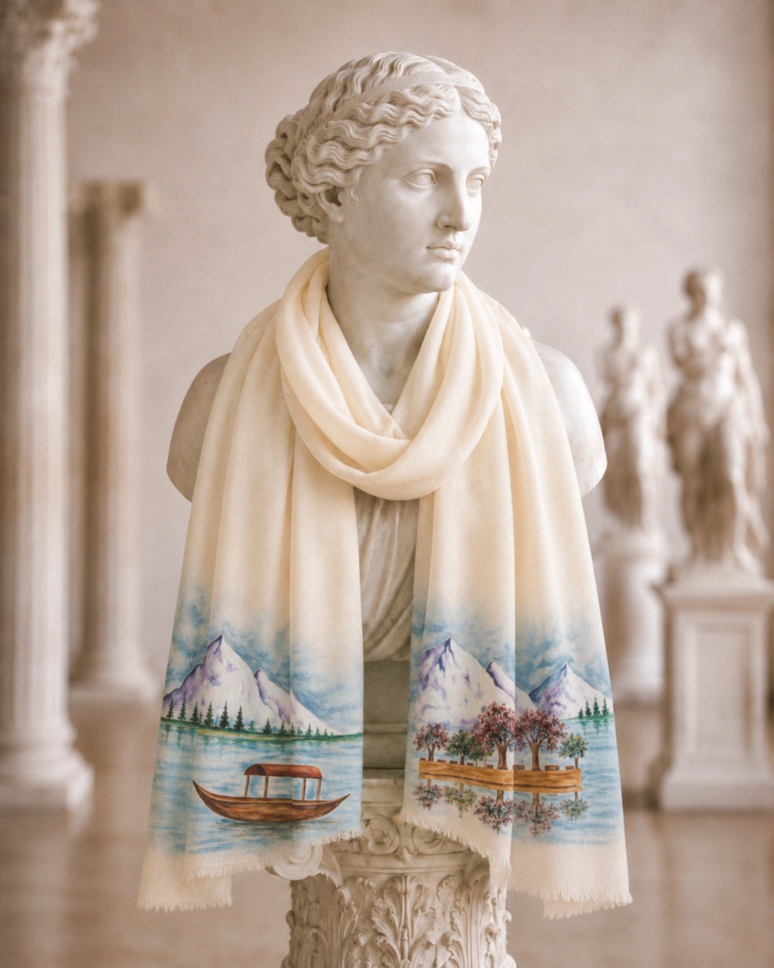 Kashmir White Handpainted Fine Wool Scarf
