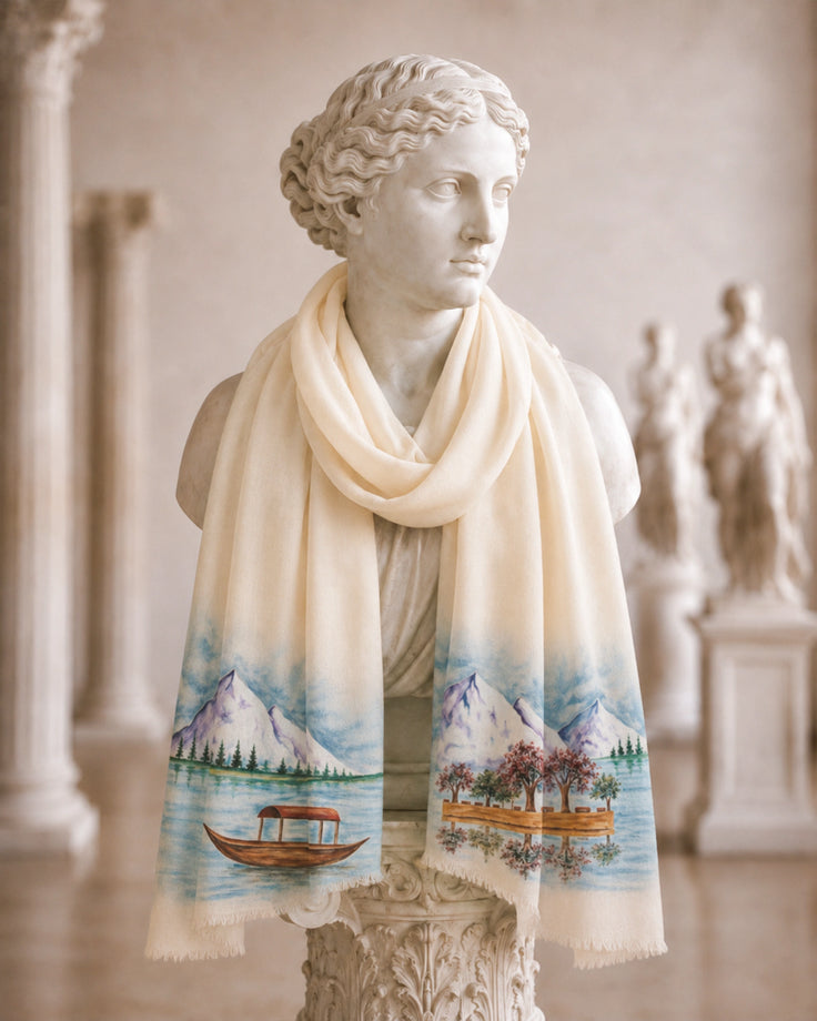 Kashmir White Handpainted Fine Wool Scarf