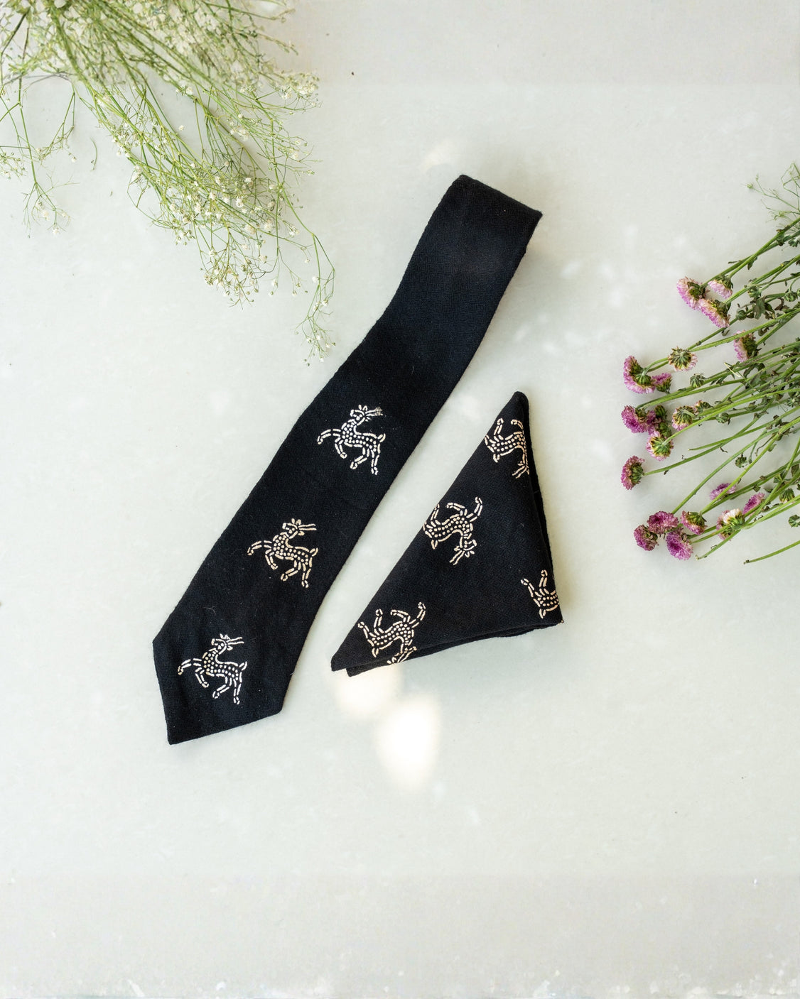 Black Real Silver Printed Pure Pashmina Scarf & Tie & Pocket Square Set