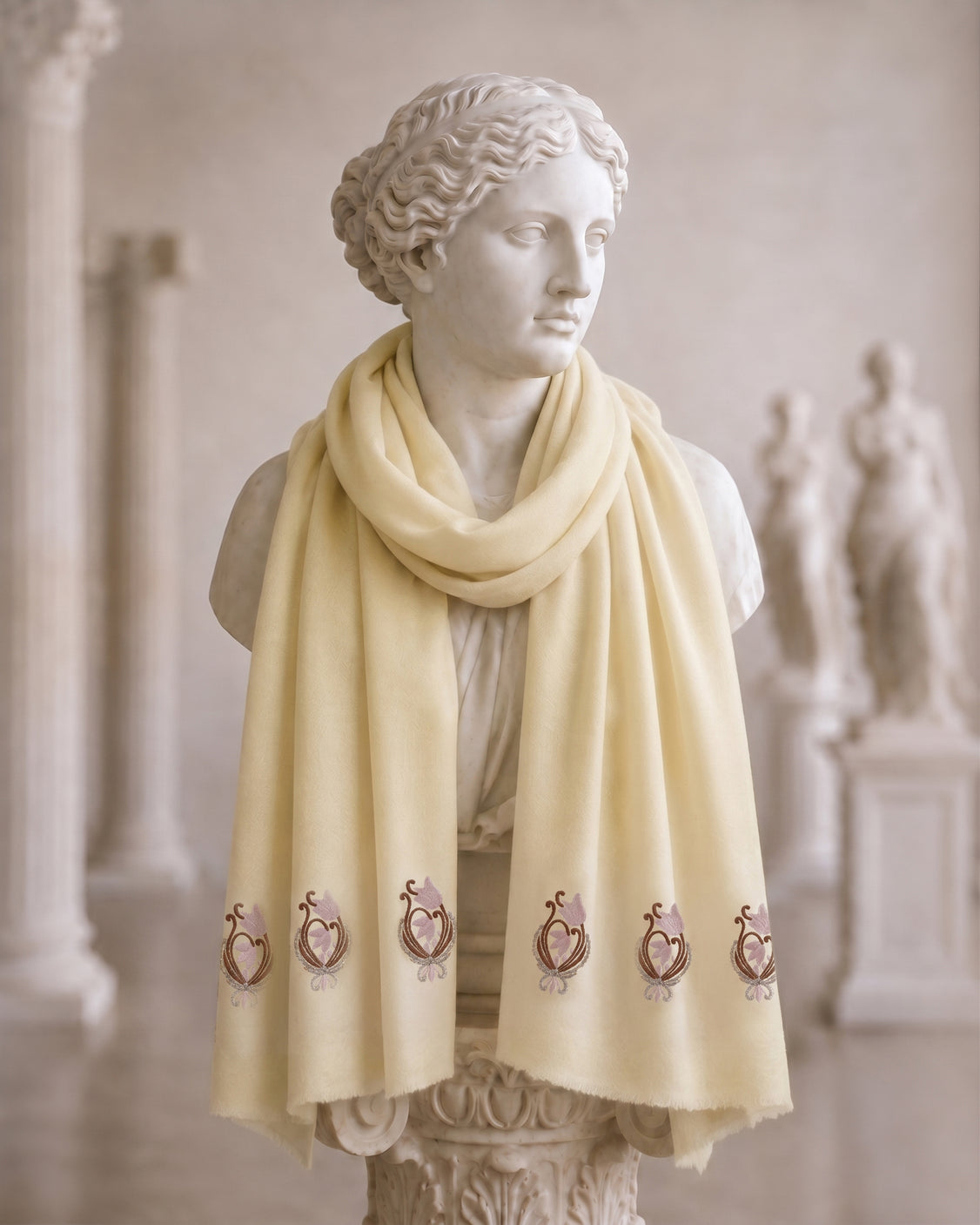 Natural Beige Embroidered Fine Wool Scarf