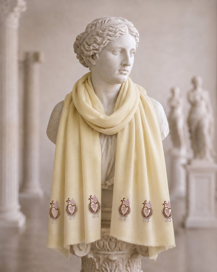 Natural Beige Embroidered Fine Wool Scarf