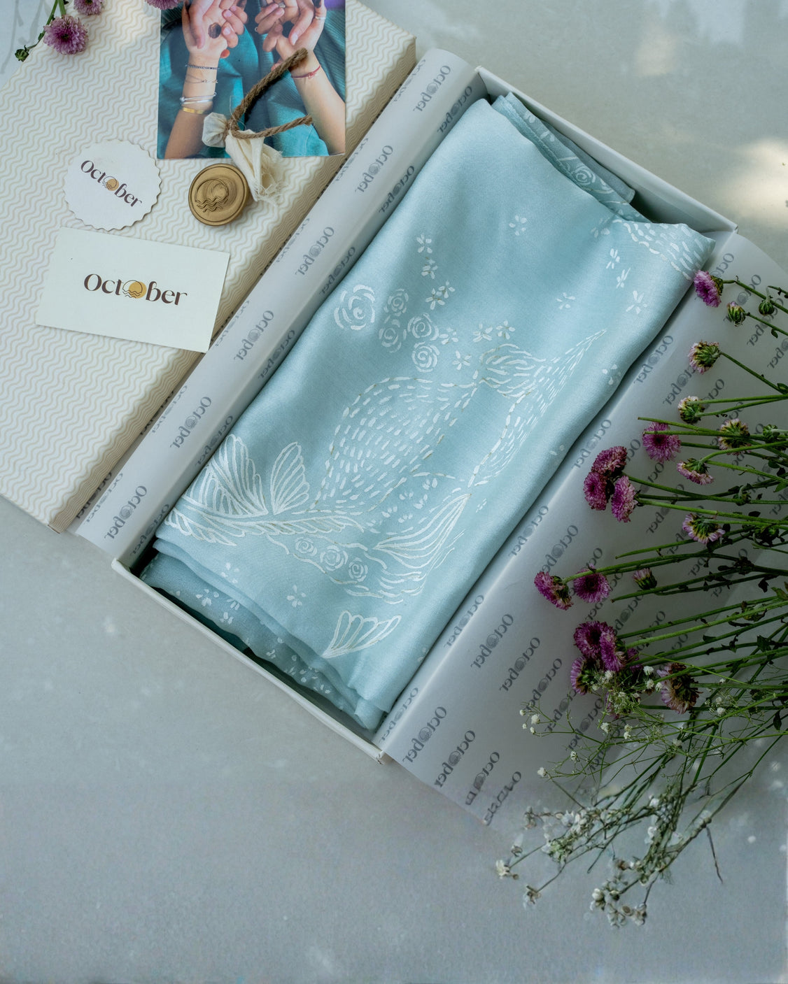 Powder Blue Hand-Painted Chanderi Silk Scarf & Pure Pashmina Tie & Pocket Square Gift Set