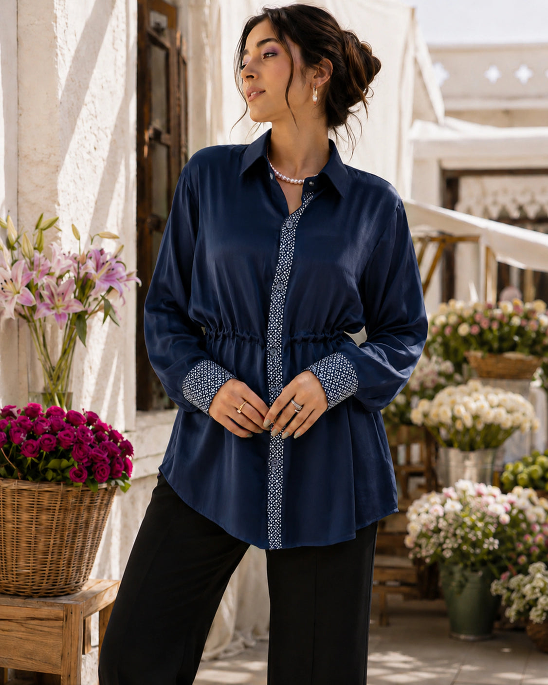 Deep Sea Real Silver Drawstring Waist Mashru Shirt