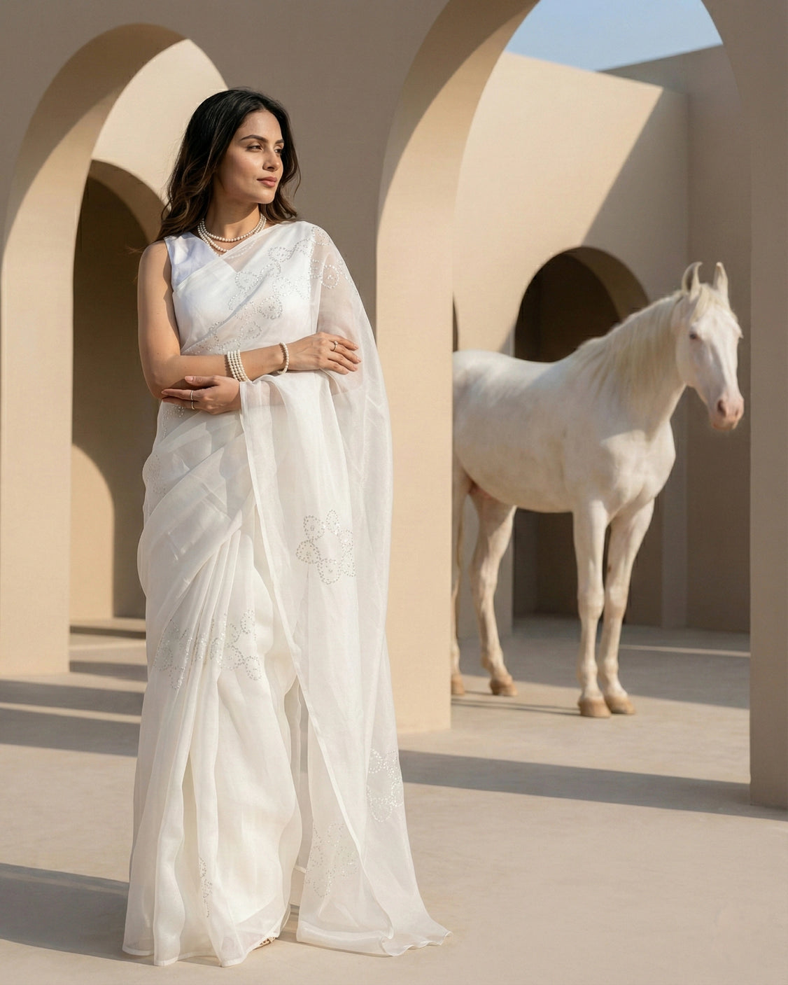 Pearl Organza Real Silver Saree