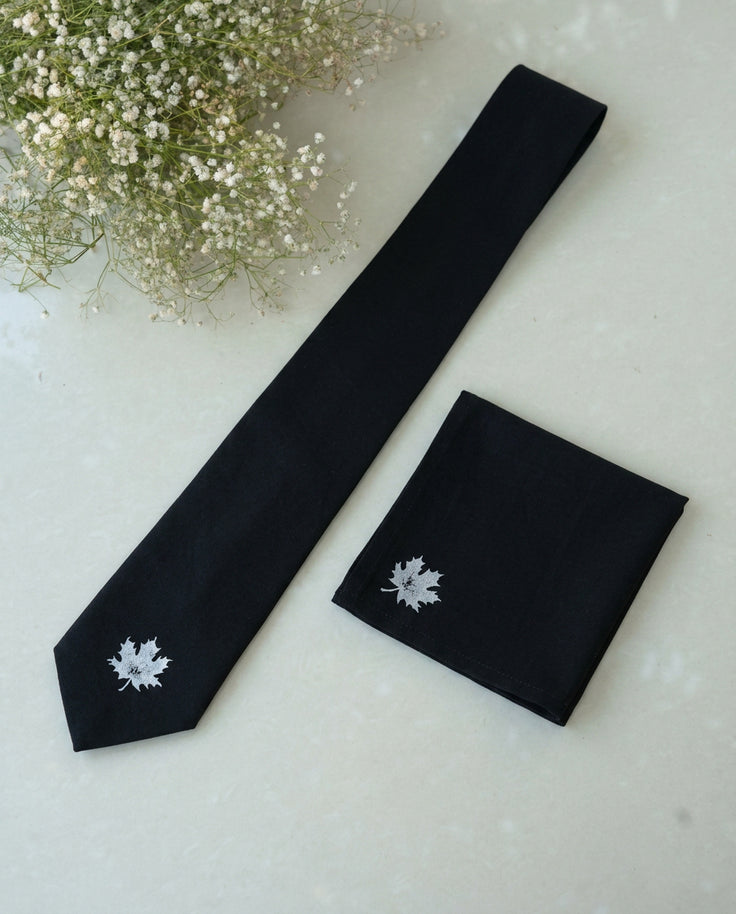 Black Hand-painted Cotton Pashmina Tie & Pocket Square Set