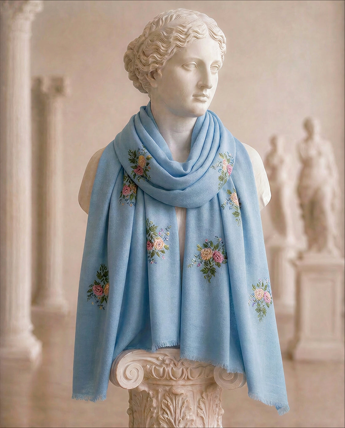 Sky Blue Pure Pashmina Handpainted Scarf