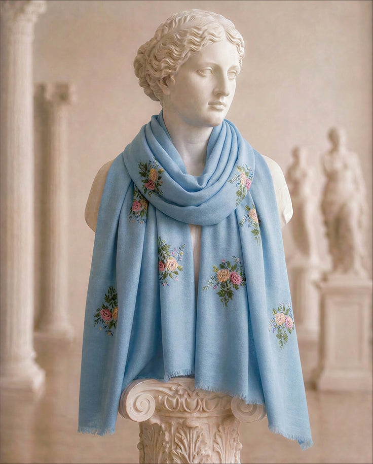 Sky Blue Pure Pashmina Handpainted Scarf