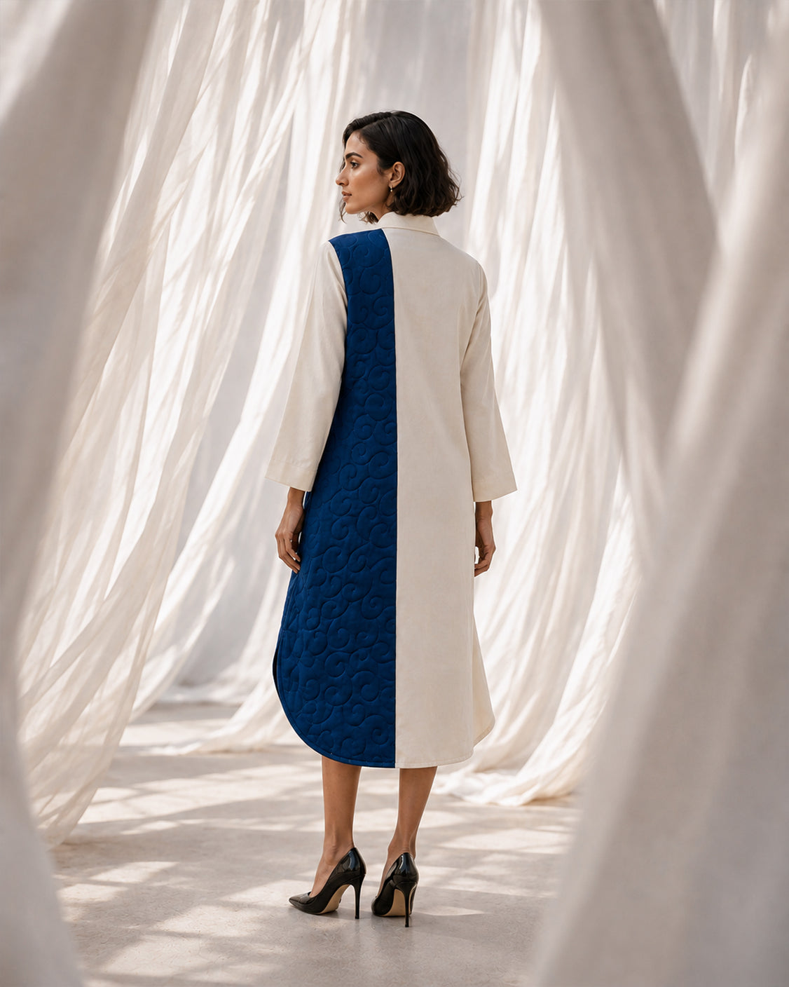 The Blue Path — Ivory & Deep Blue Pashmina Dress