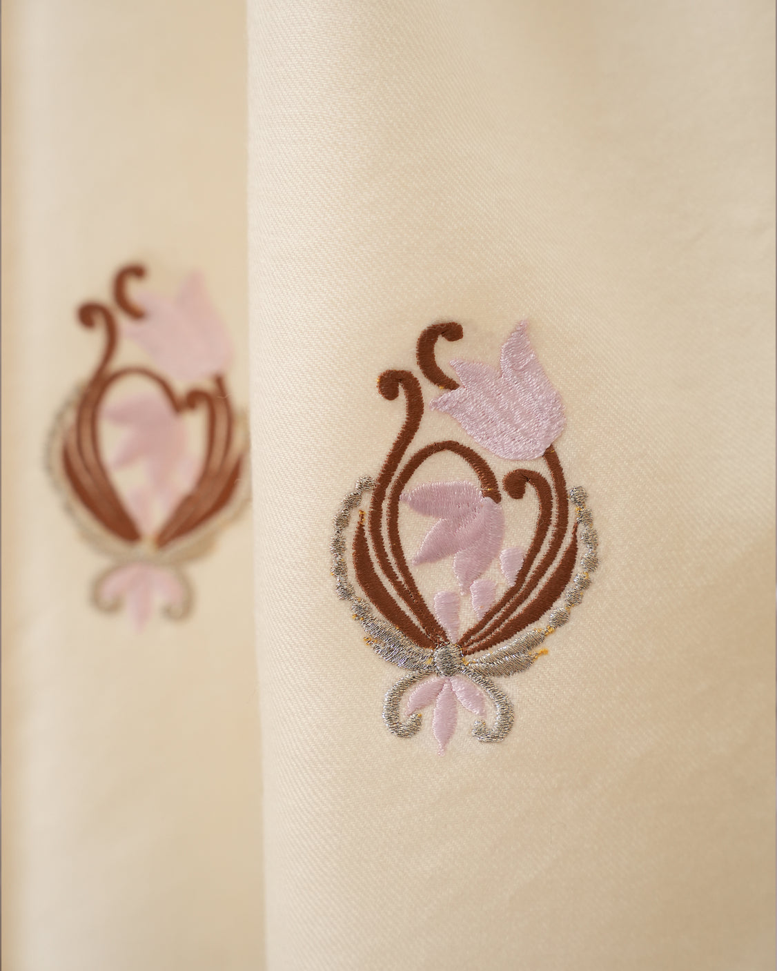 Natural Beige Embroidered Fine Wool Scarf