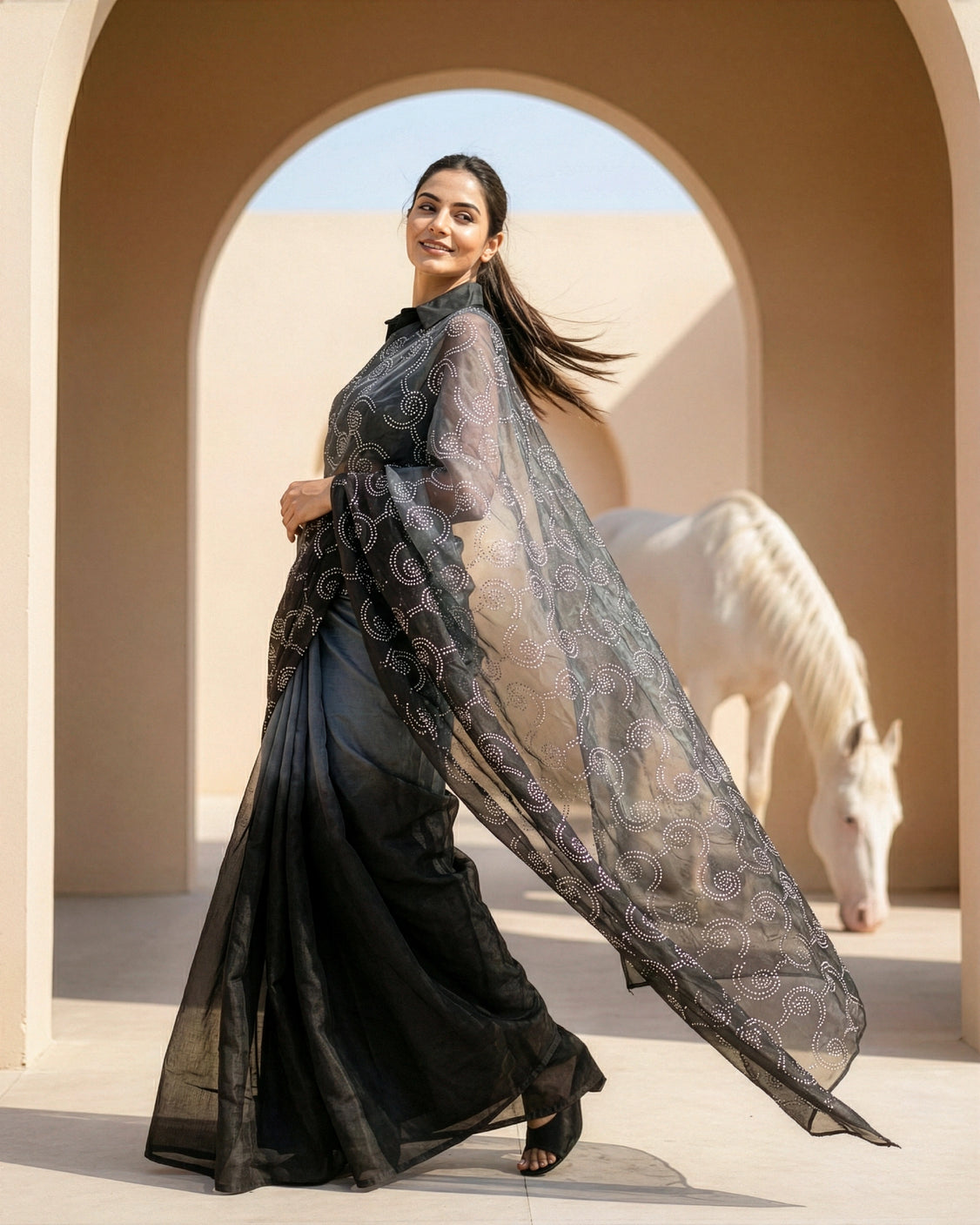 Smoke Clouds Real Silver Organza Saree