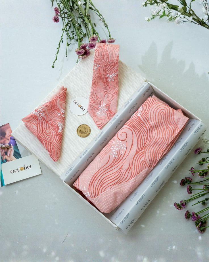 Blush Pink Hand-Painted Chanderi Silk Scarf & Pure Pashmina Tie & Pocket Square Gift Set