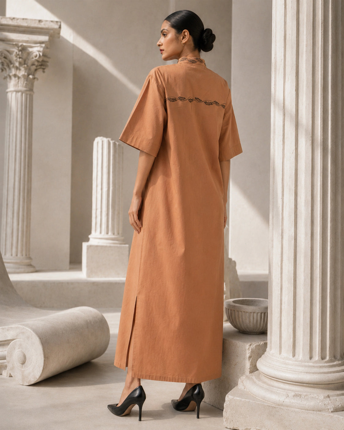Coffee Caramel Handpainted Straight Cotton Dress