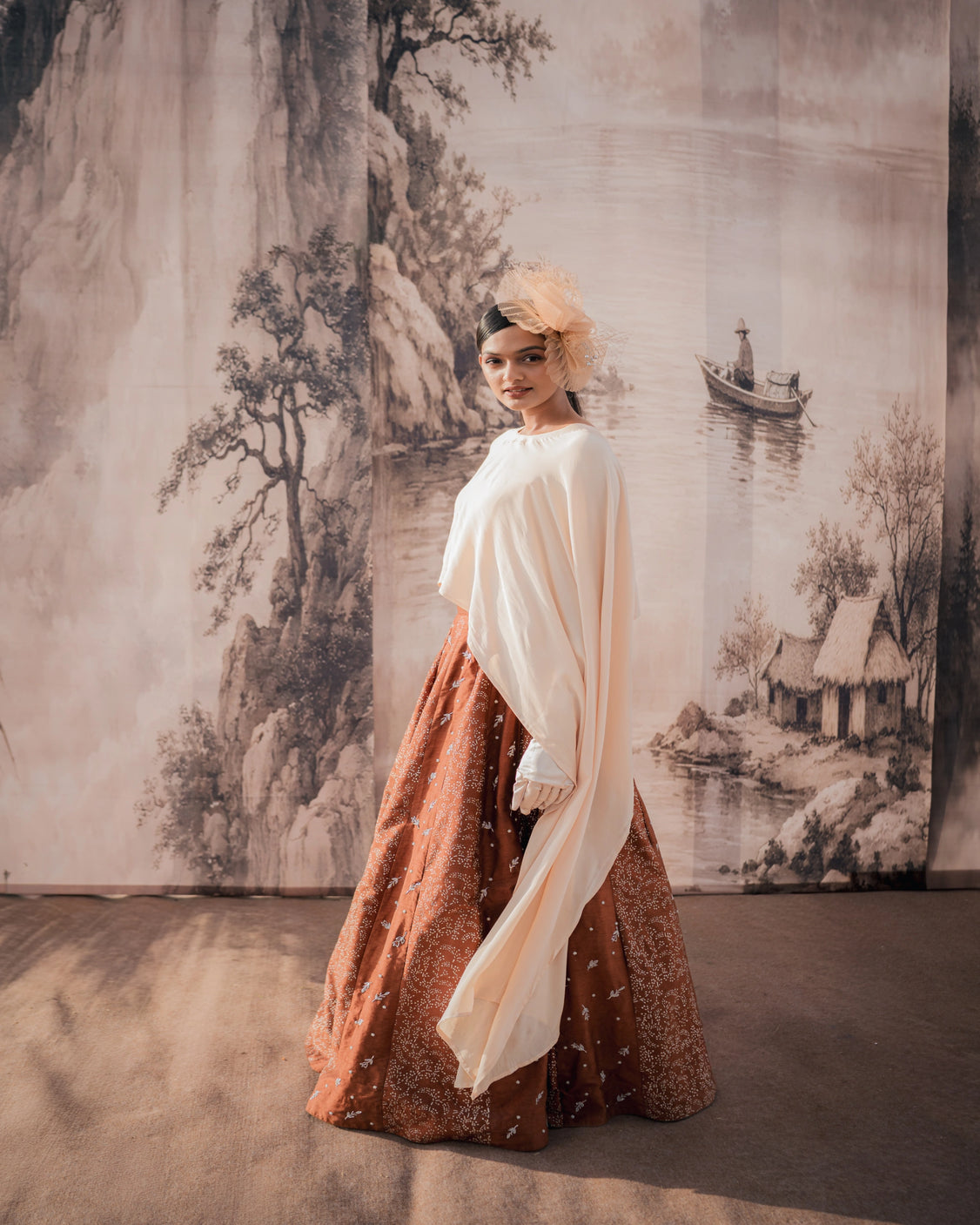 Chocolate Beige Silver Printed & Embroidery Skirt & Cape