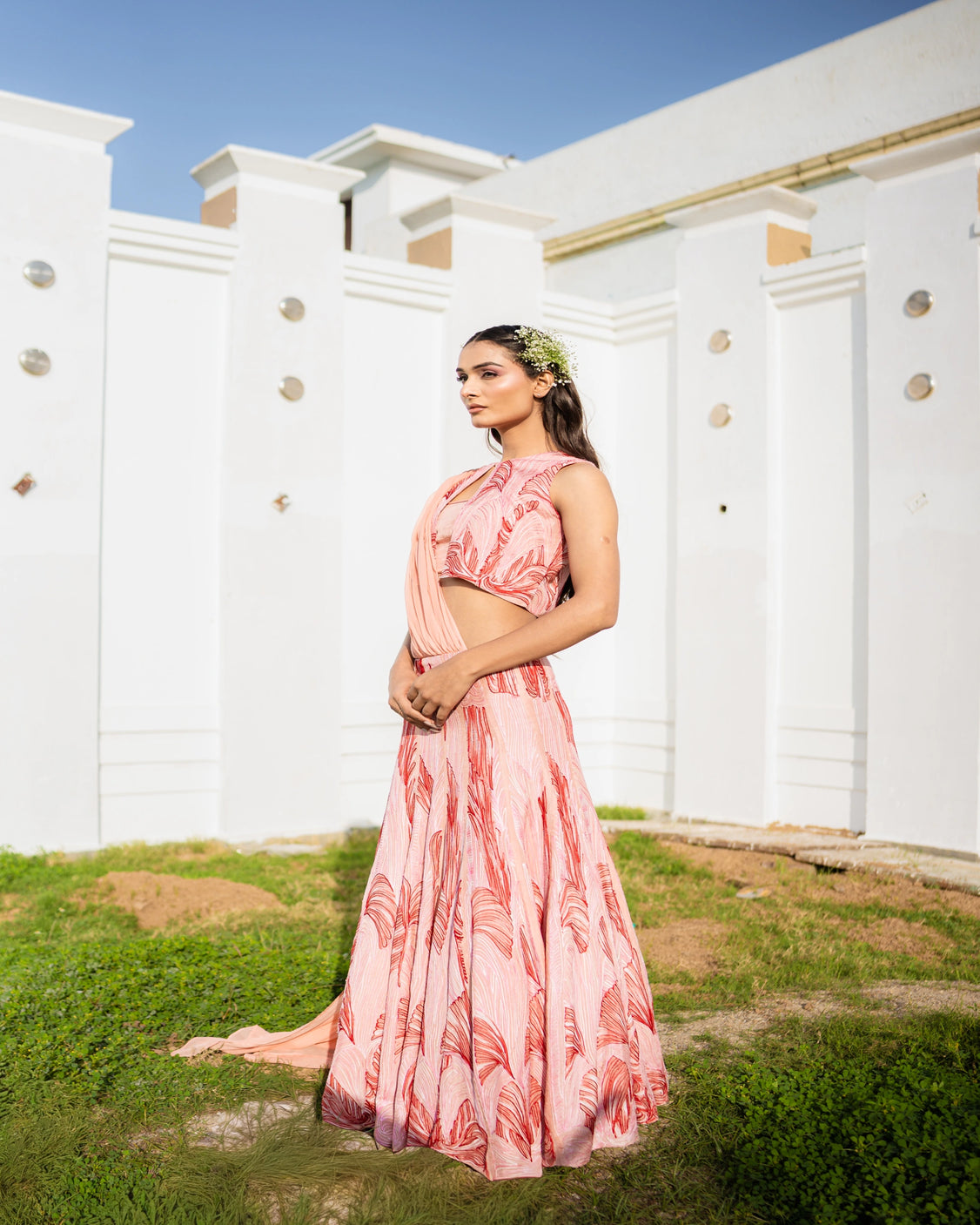 Peachy Embroidery & Handpainted Lehenga Saree Set