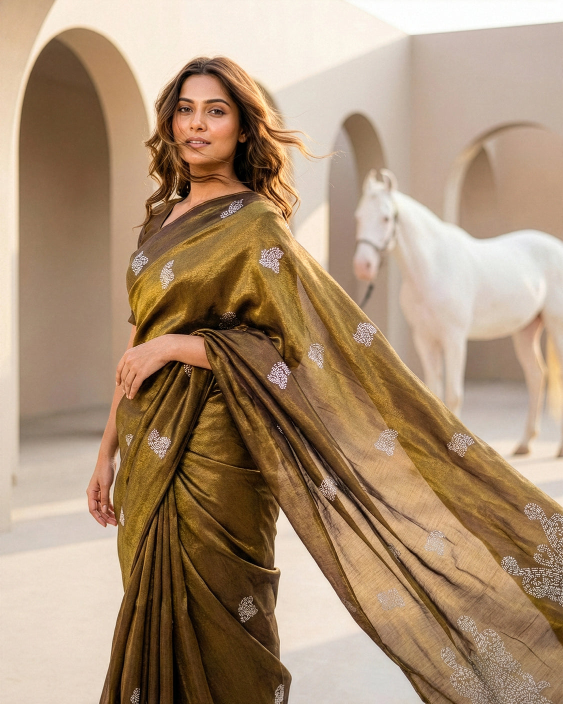Caramel Gold Real Silver Saree in Tissue Silk