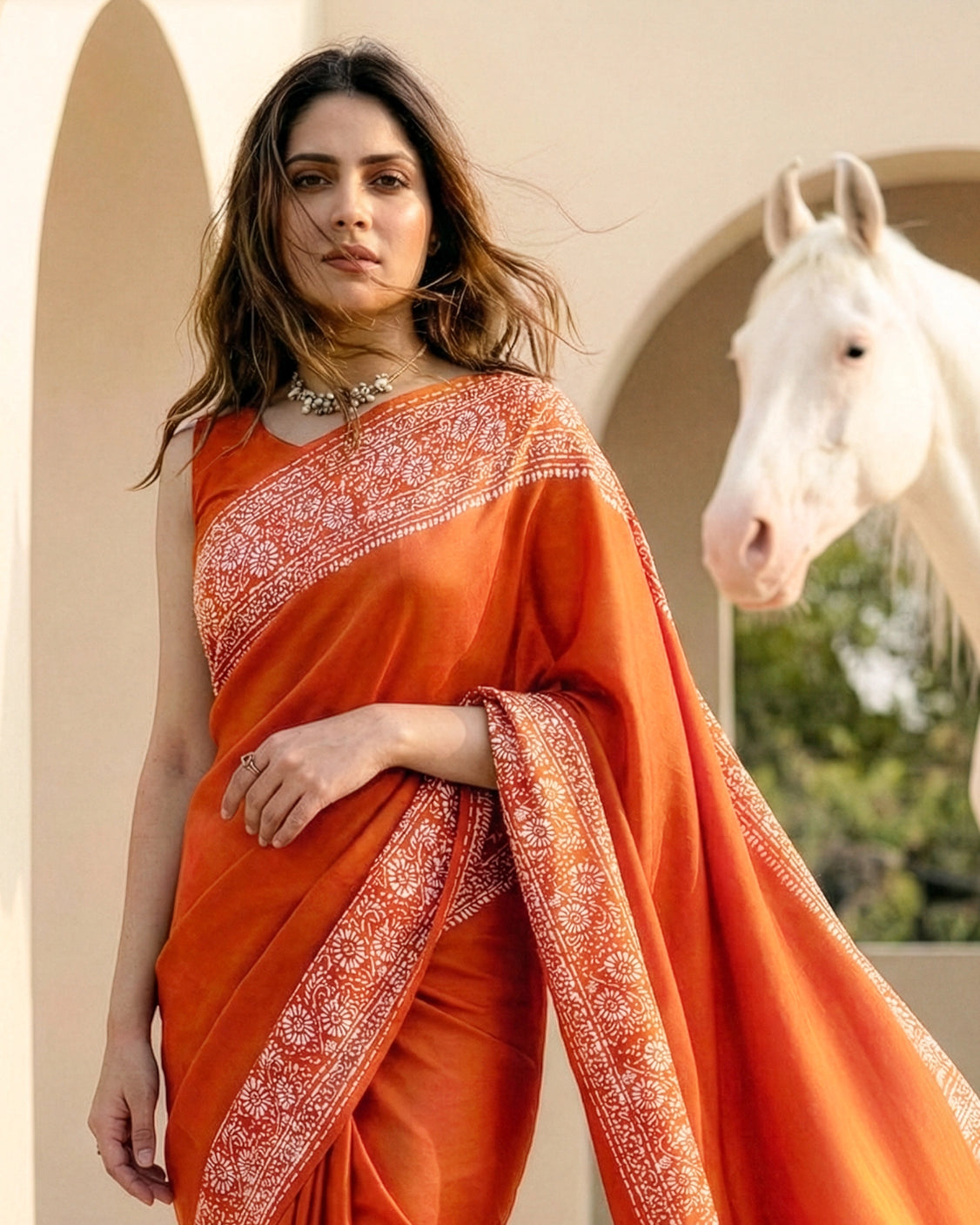 Burnt Organic Crepe Real Silver Saree