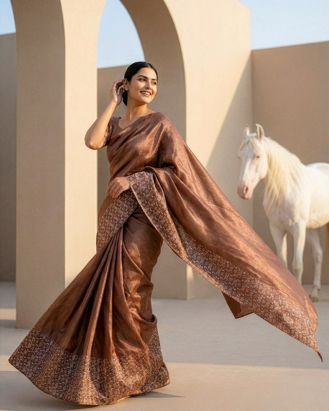 Cinnamon Real Silver Saree in Tissue Silk