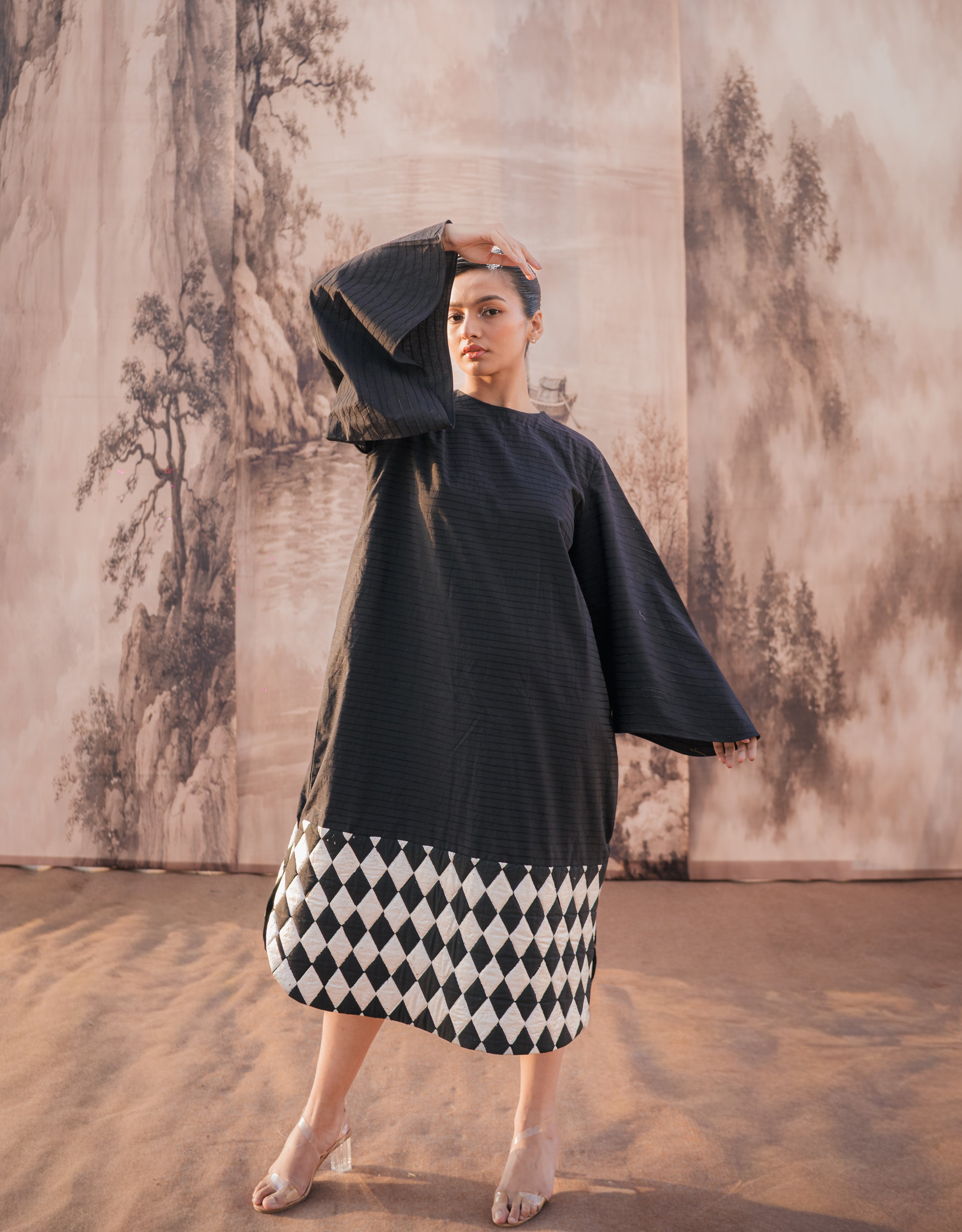 Charcoal Black Embroidery & Silver Printed Cotton Dress