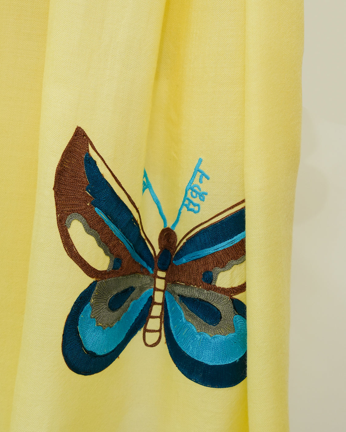 Lemon Fine Wool Embroidered Scarf - Sabar, Sukoon, Butterflies