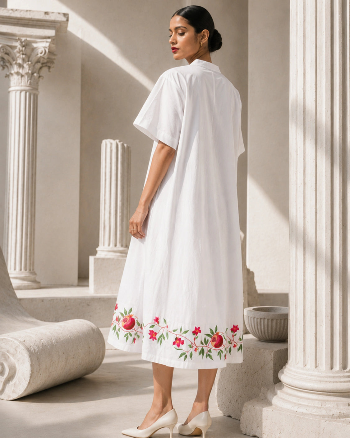 Ivory Pomegranate Hem Handpainted Cotton Dress