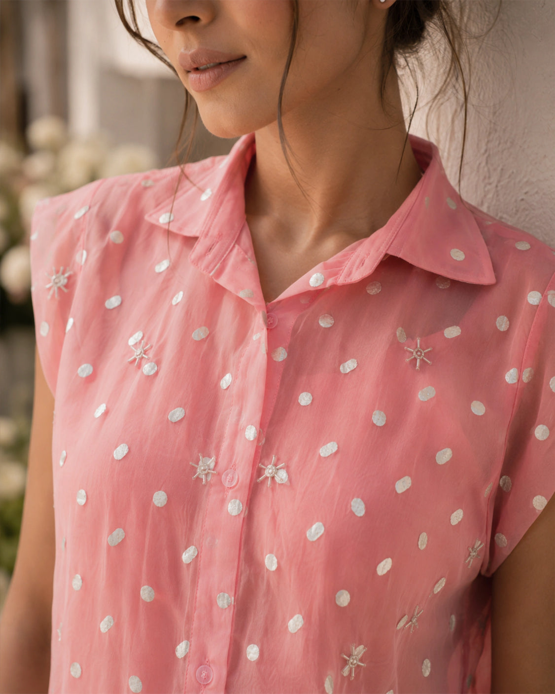 Blush Silver Printed Embroidery Organza Shirt