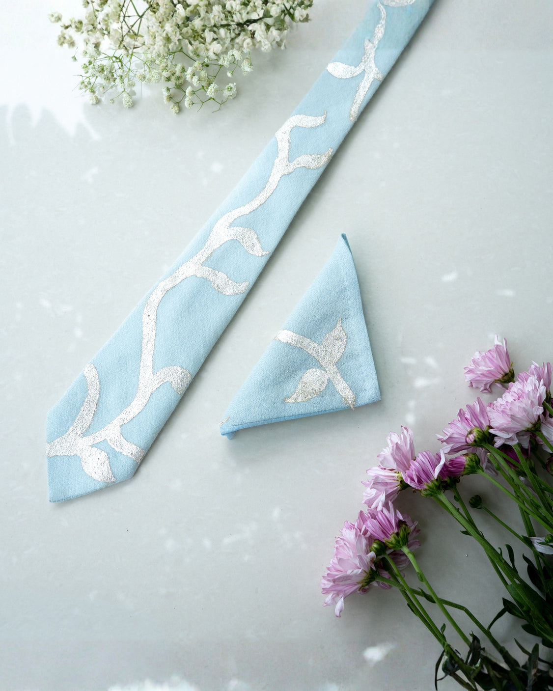 Sky Blue Real Silver Printed Tie & Pocket Square Set