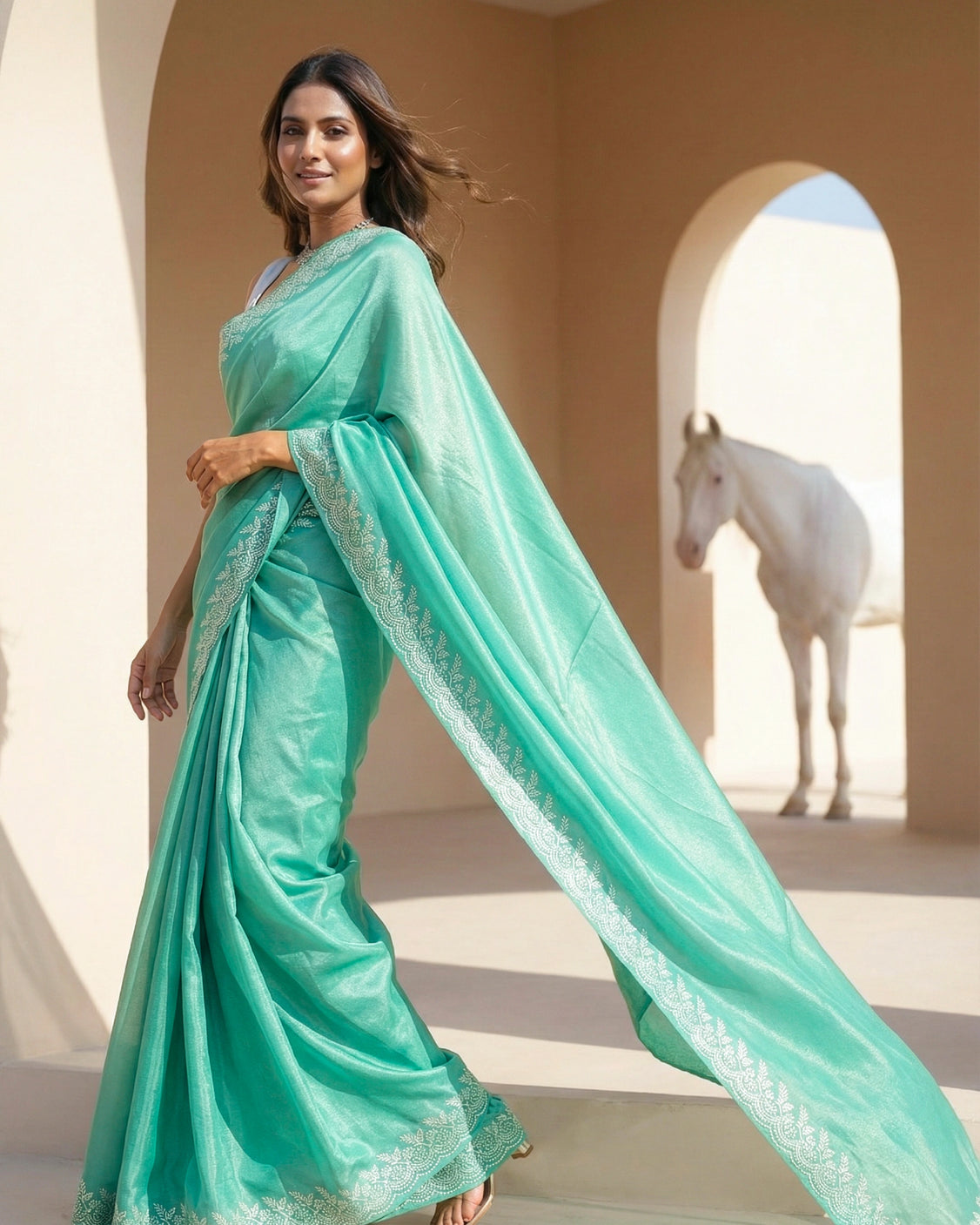 Soft Aqua Real Silver Saree in Tissue Silk
