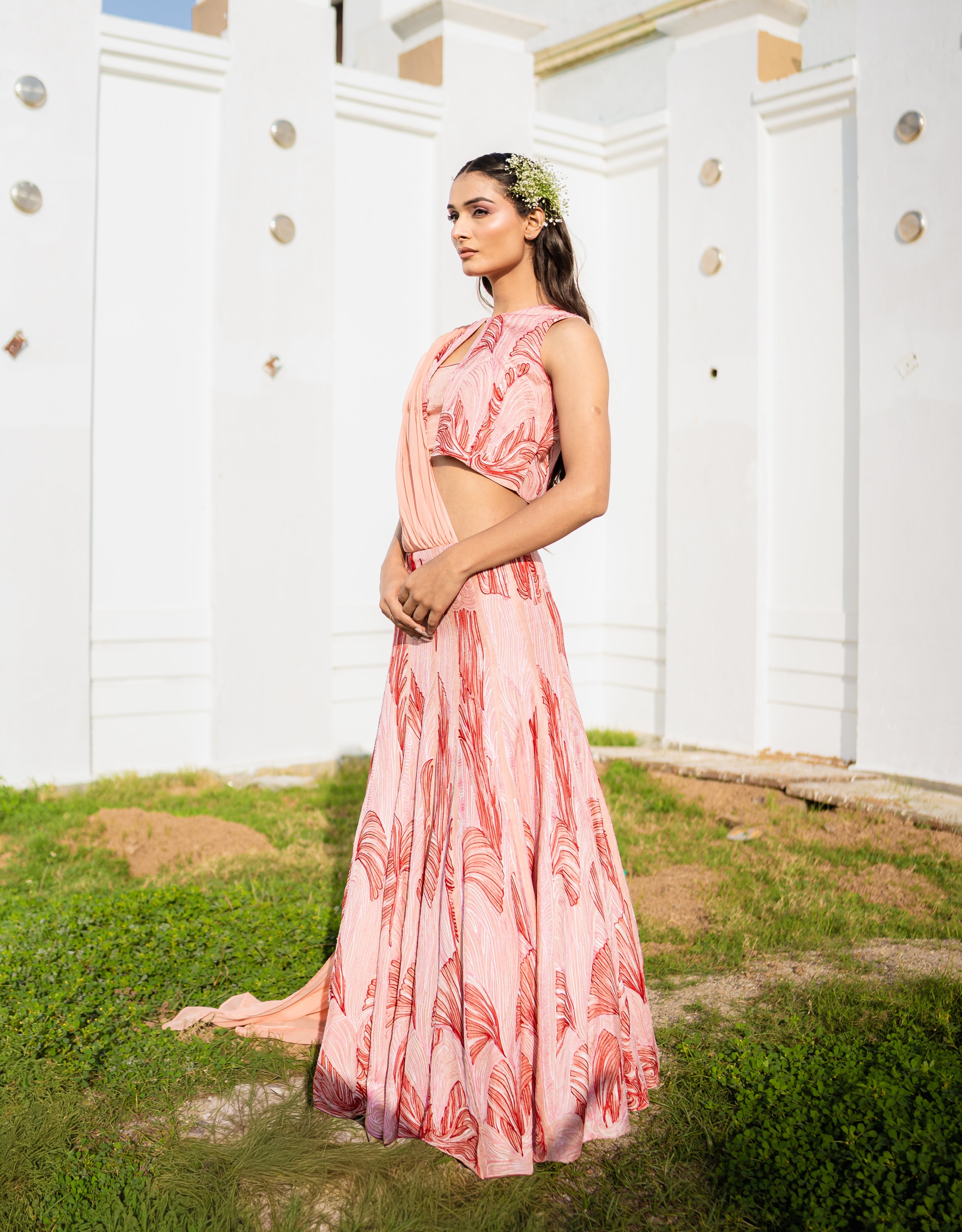 Peachy Embroidery & Handpainted Lehenga Saree Set