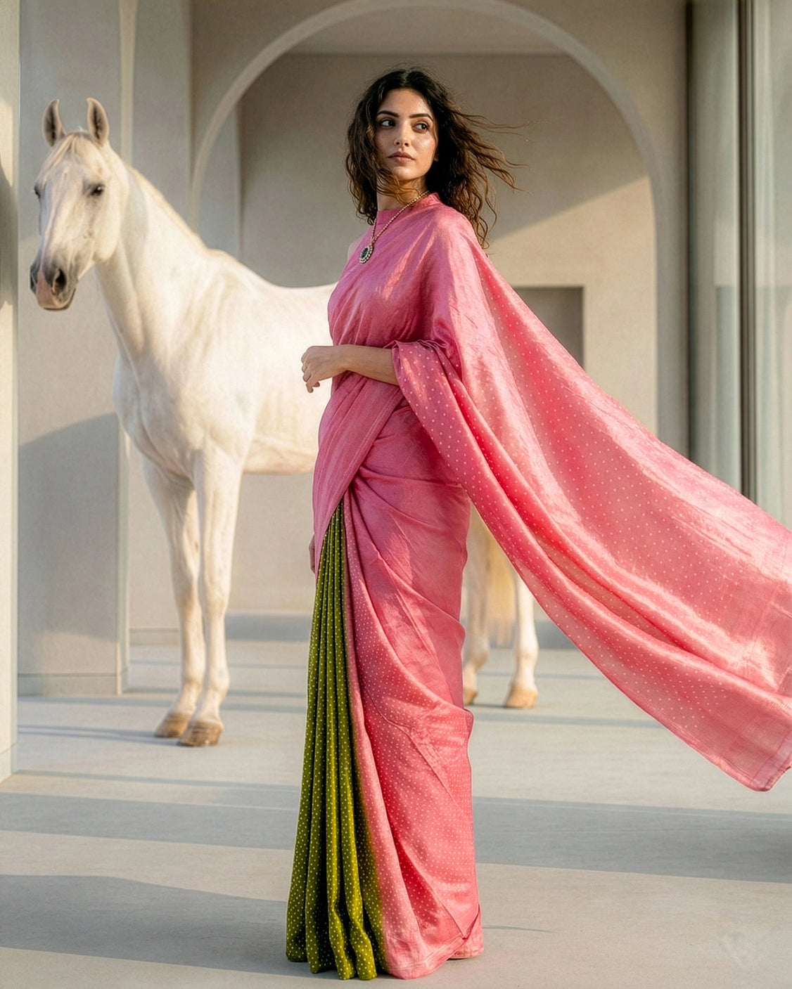 Blush Polka Dot Real Silver Silk Saree